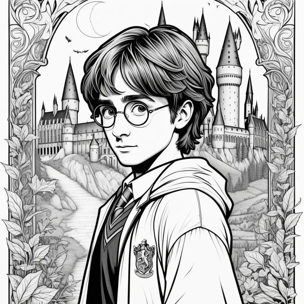 Harry Potter coloring page with a castle and a boy