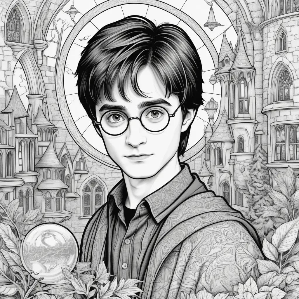 Harry Potter coloring page with a wizard in a castle