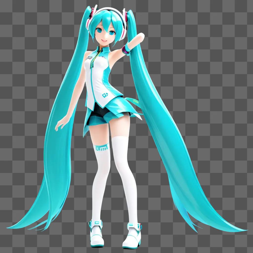 Hatsune Miku wearing a white and blue outfit on a blue background