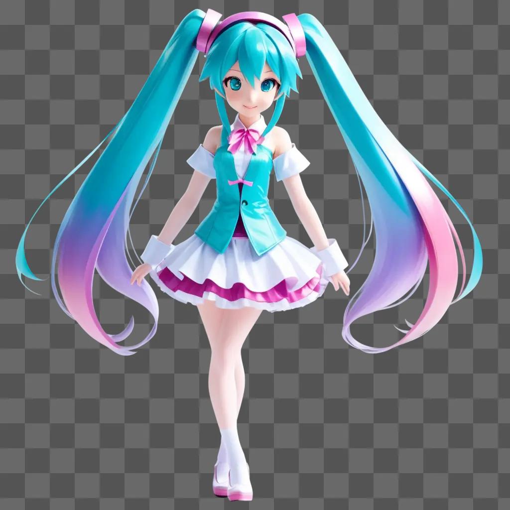 ピンクとブルーの髪をした初音ミク、白いドレスとピンクのリボンを身に着けています