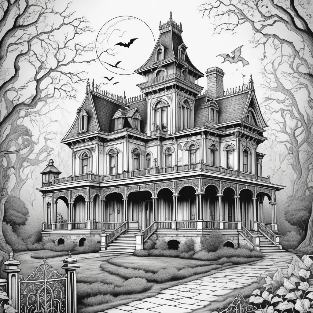 Haunted mansion coloring pages, black and white, bats flying