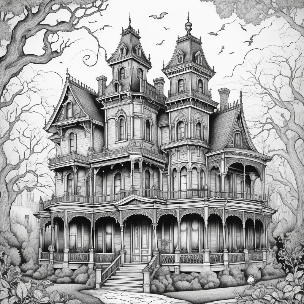 Haunted mansion coloring pages, black and white