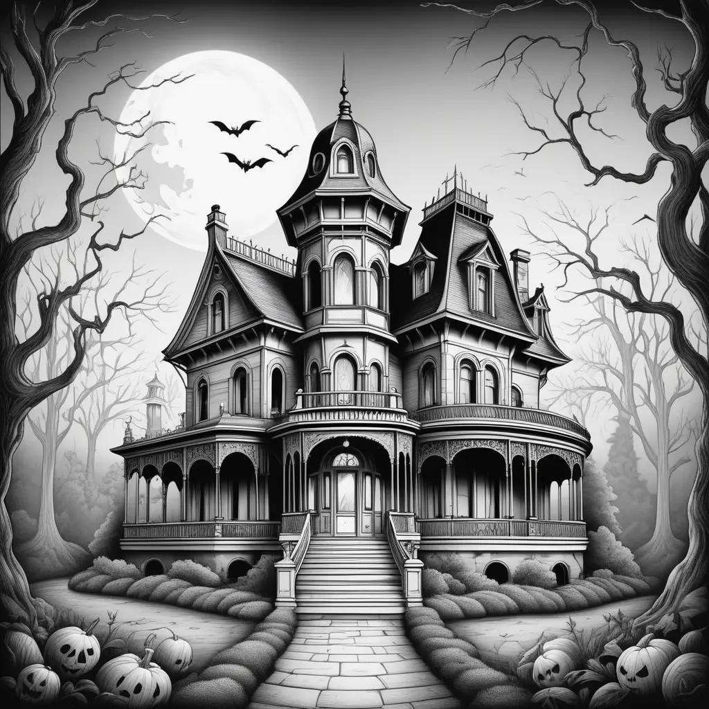 Haunted mansion coloring pages feature a spooky house and bats