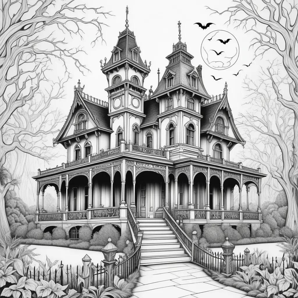 Haunted mansion coloring pages with bats flying around