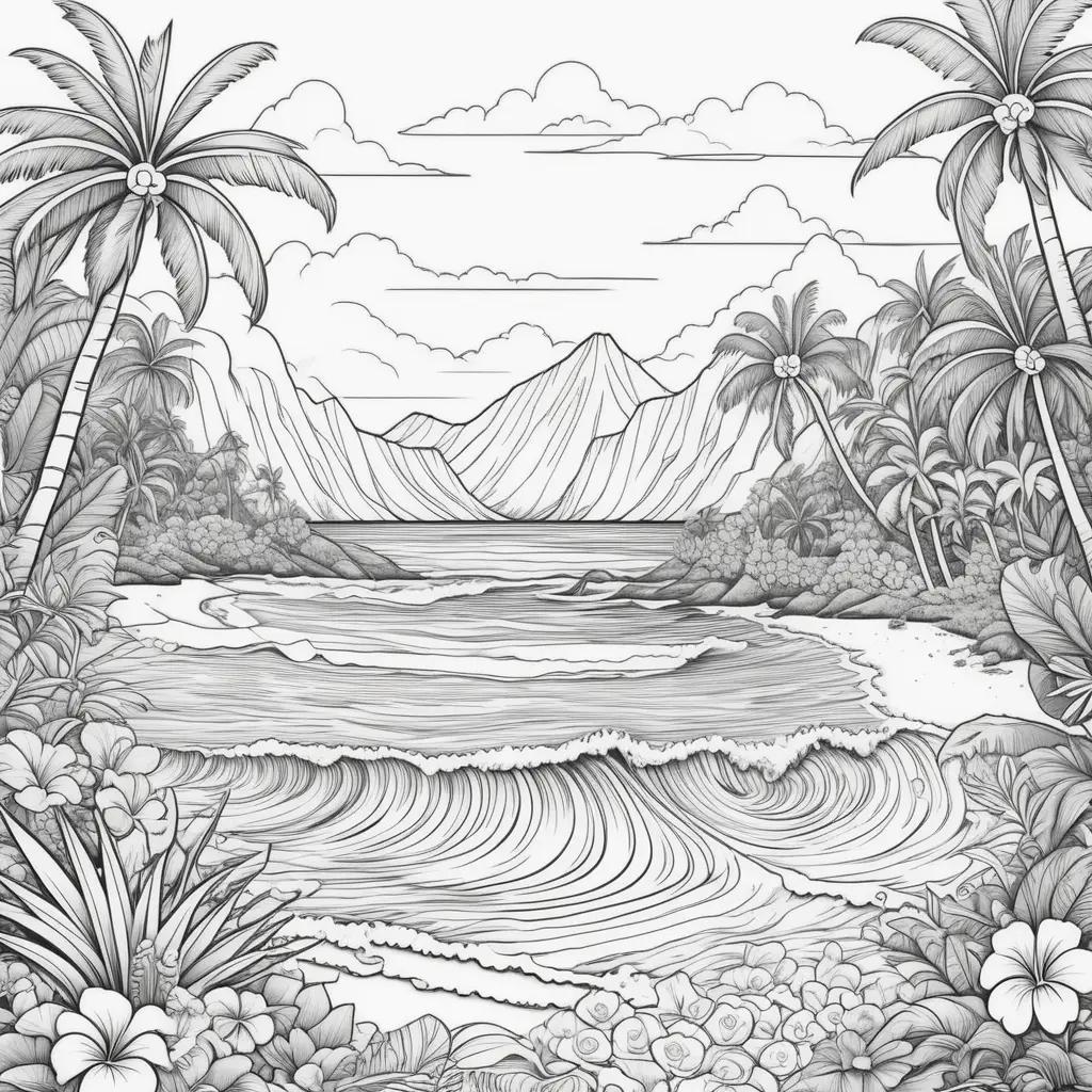 Hawaii coloring pages with a beach scene and ocean waves