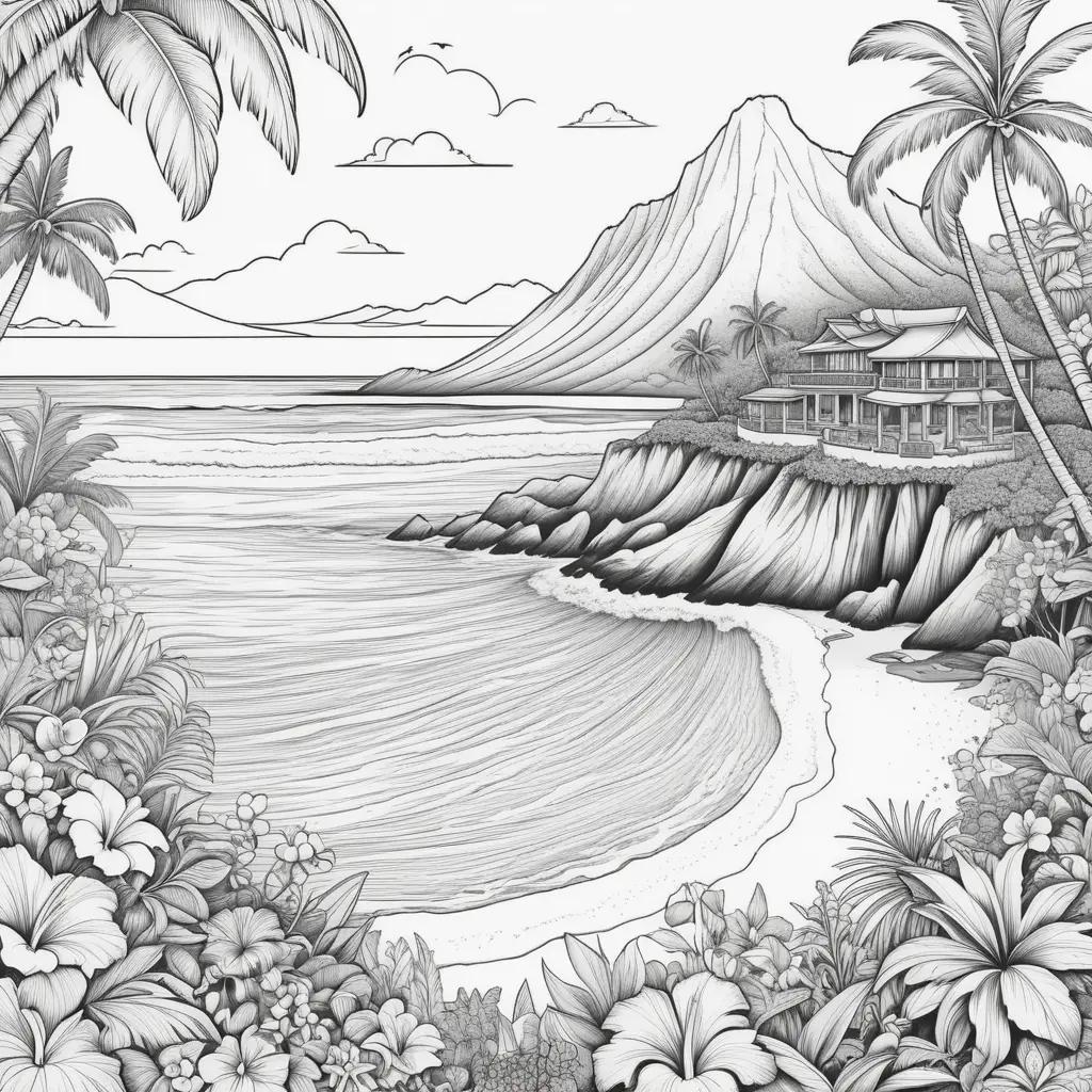 Hawaii coloring pages with mountain, beach and palm trees