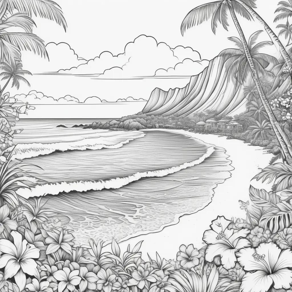 Hawaiian beach scene with tropical flowers and palm trees