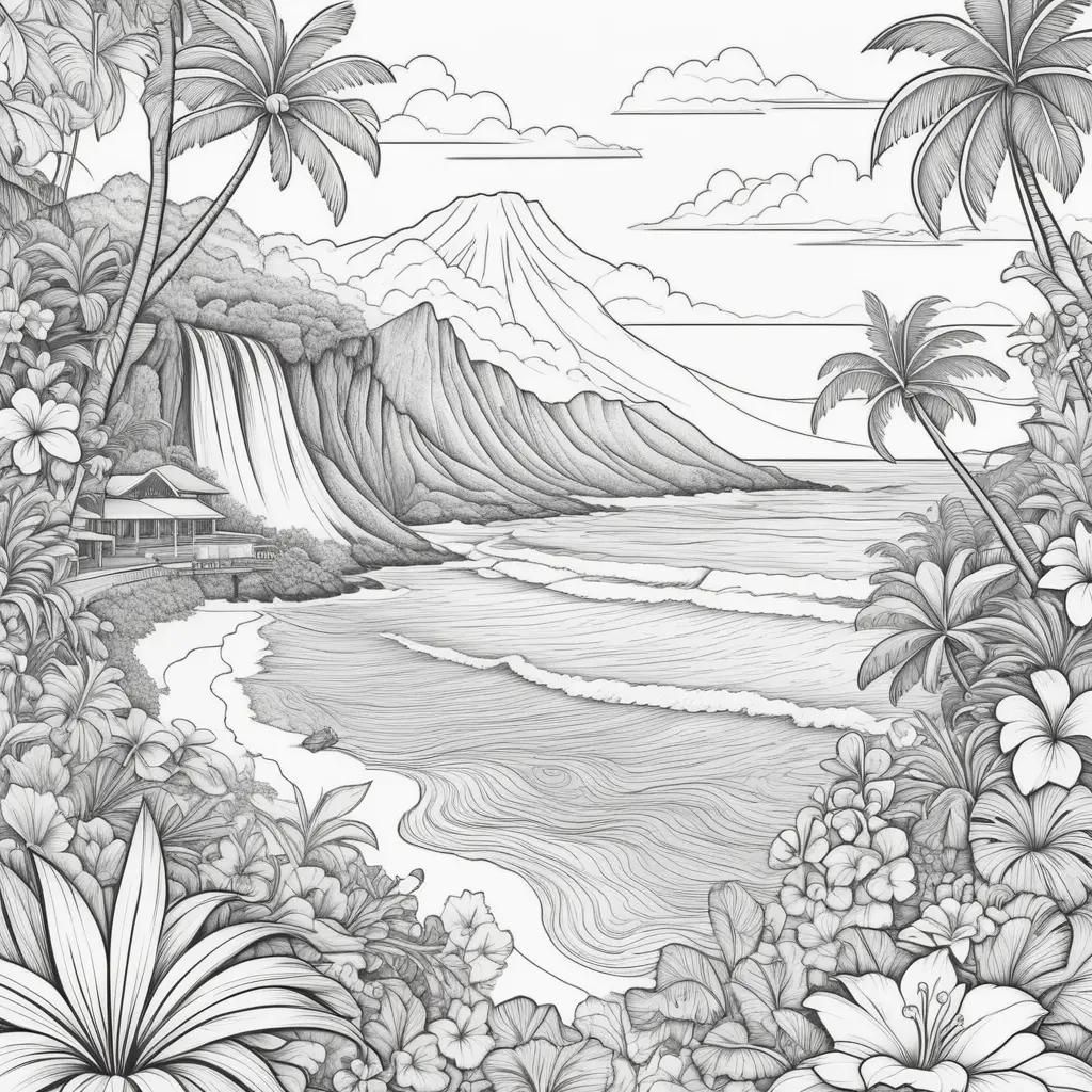 Hawaiian coloring pages: a beach with palm trees and a waterfall