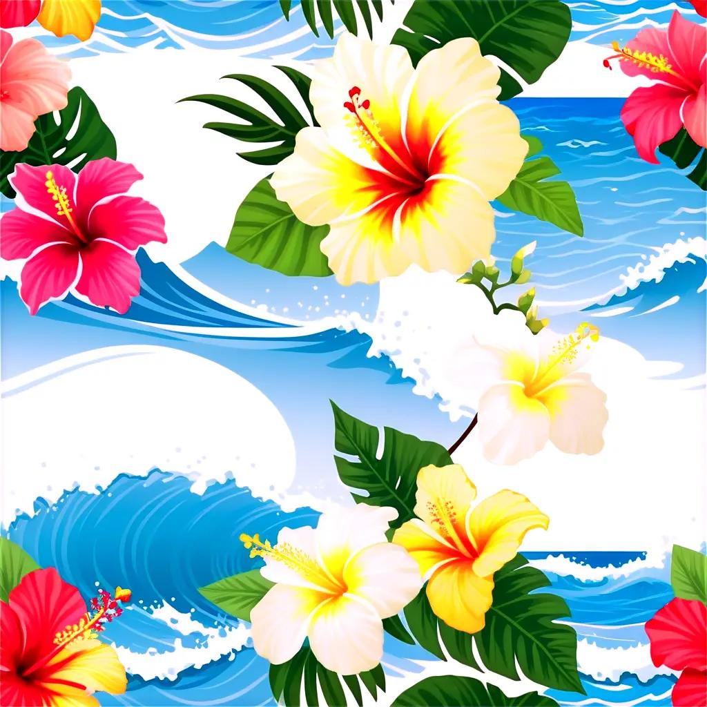 Hawaiian flowers on a wave pattern background