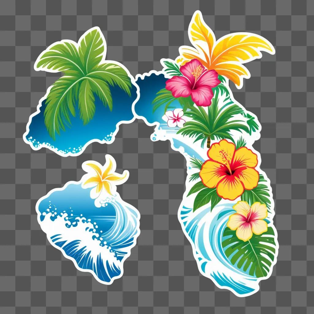 Hawaiian islands with flowers and waves