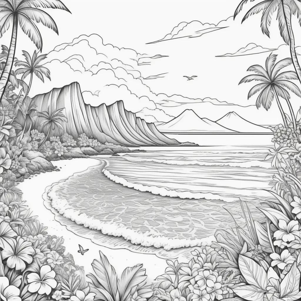 Hawaiian landscape coloring pages featuring mountains, flowers, and birds