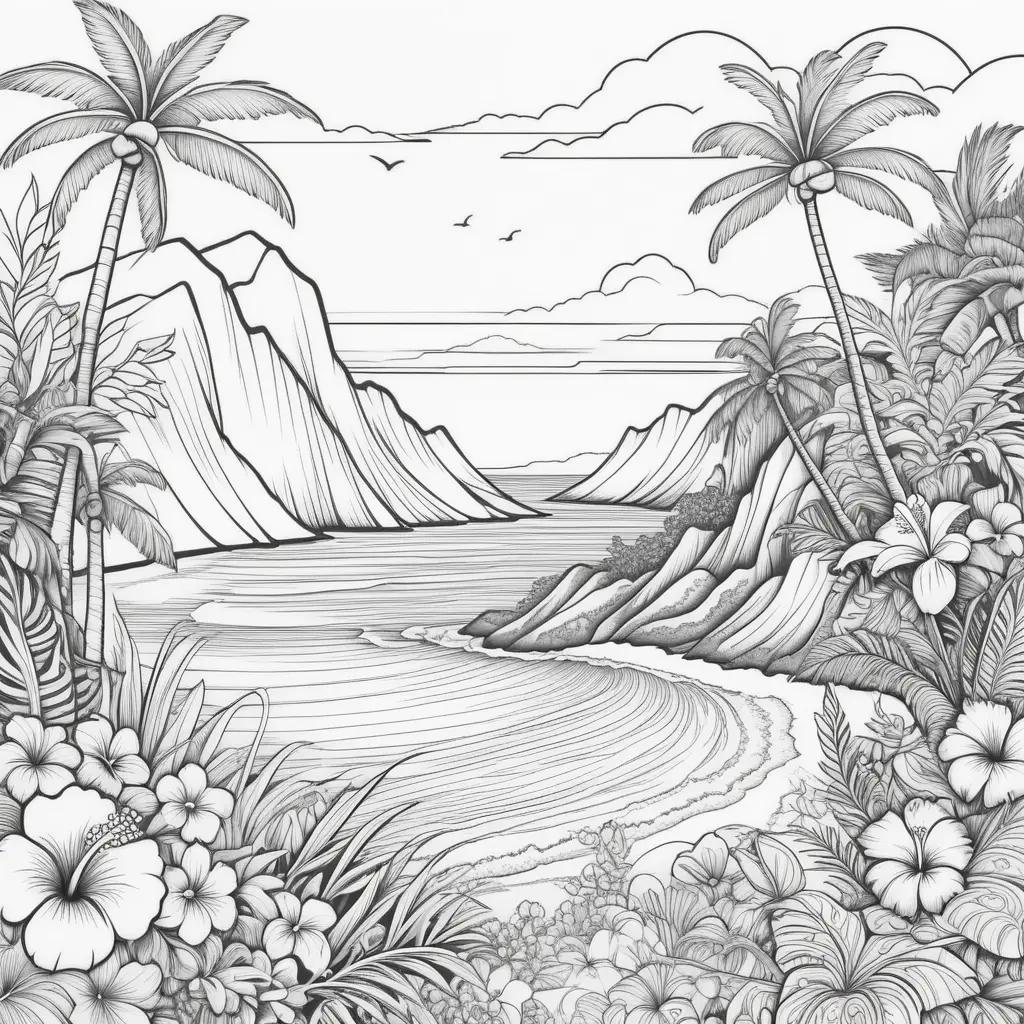 Hawaiian landscape with tropical flowers and palm trees