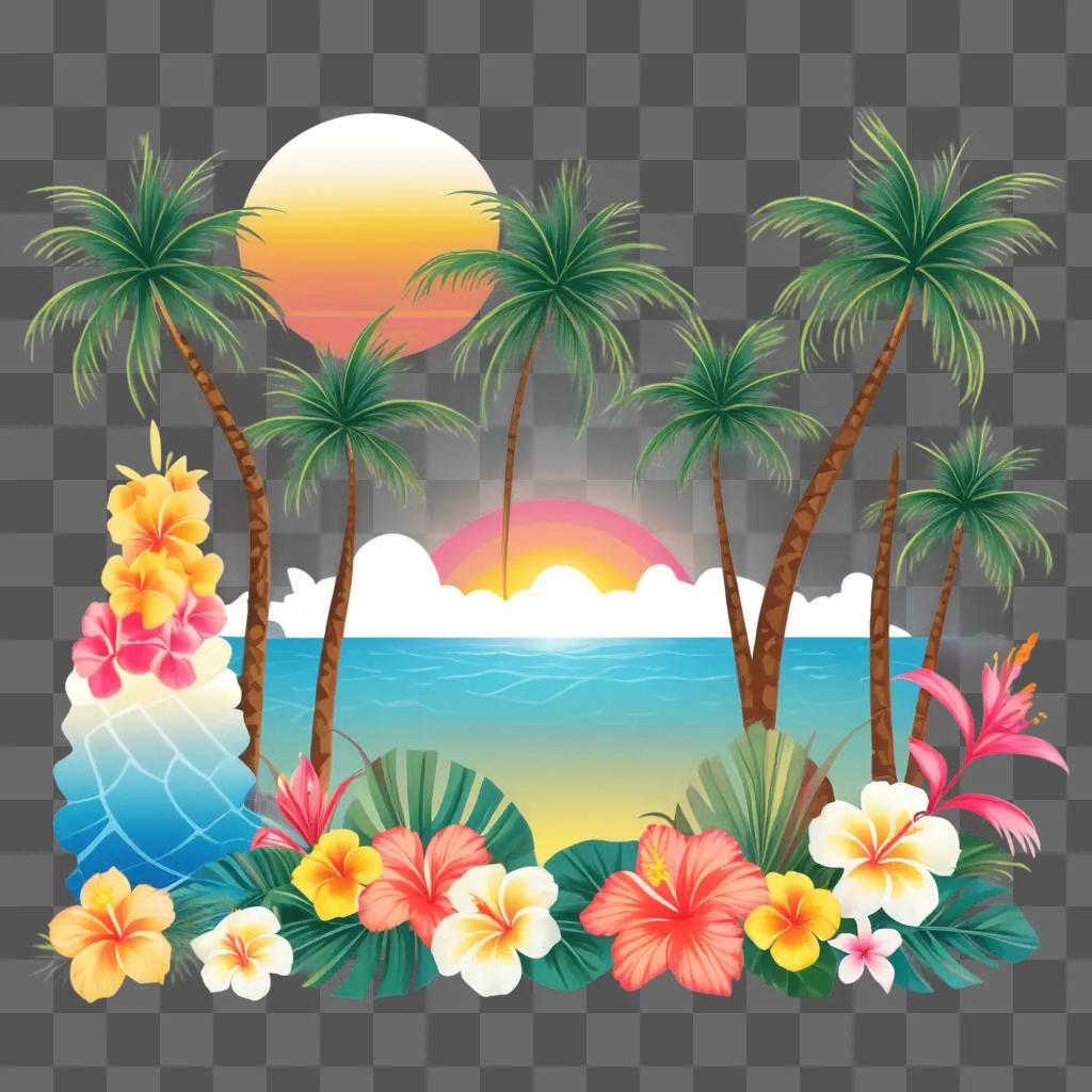 Hawaiian scenery with tropical flowers and palm trees