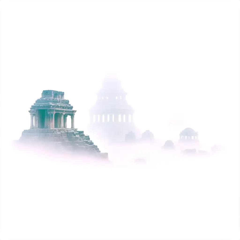 Hazy misty landscape with a temple in the middle