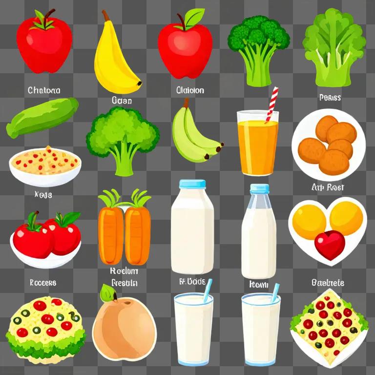 Healthy food clipart: fruits, vegetables, milk, and yogurt