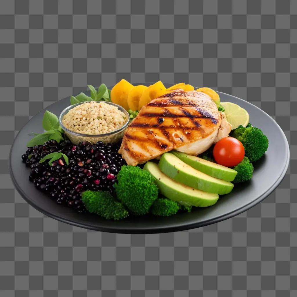 Healthy meal with chicken, beans, vegetables and fruit