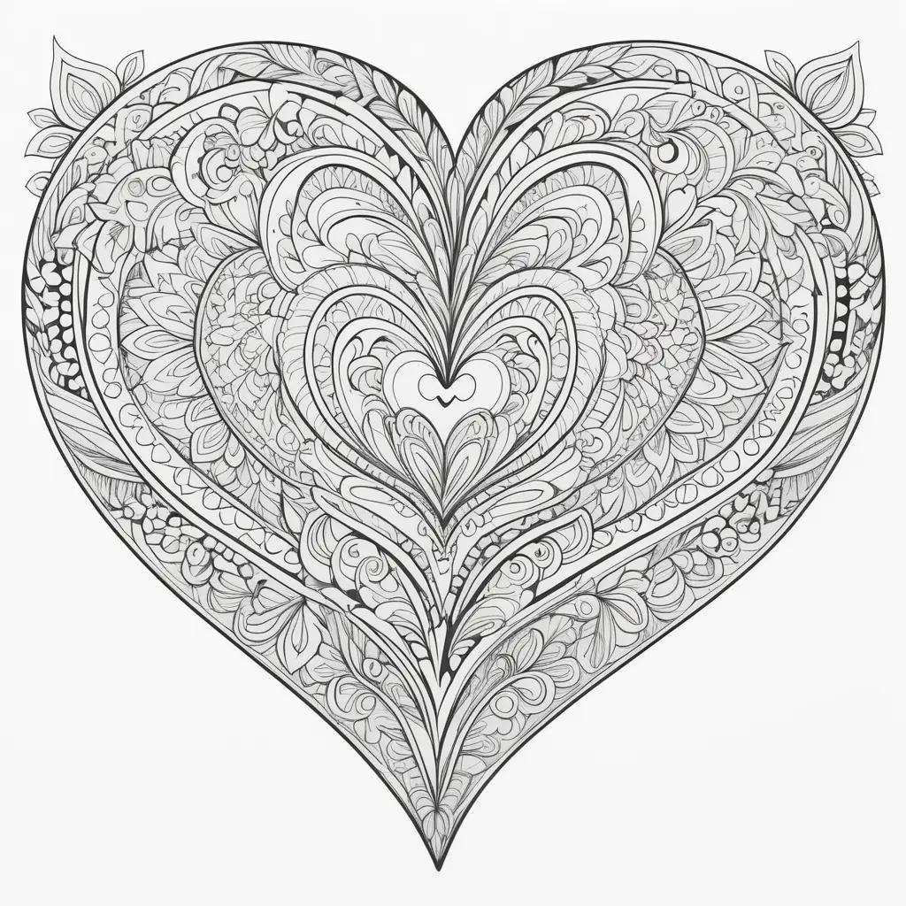 Heart coloring page with intricate designs and floral patterns