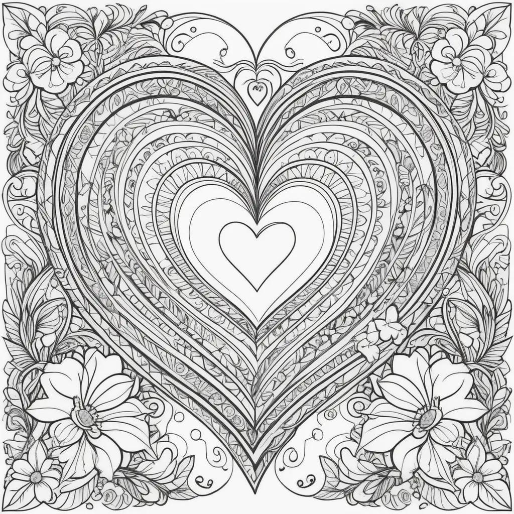 Heart-shaped Valentines Day coloring pages with flowers and hearts