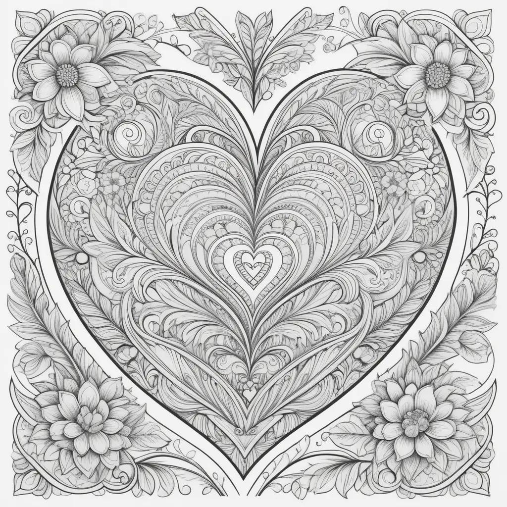 Heart-shaped Valentines Day coloring pages with flowers and leaves