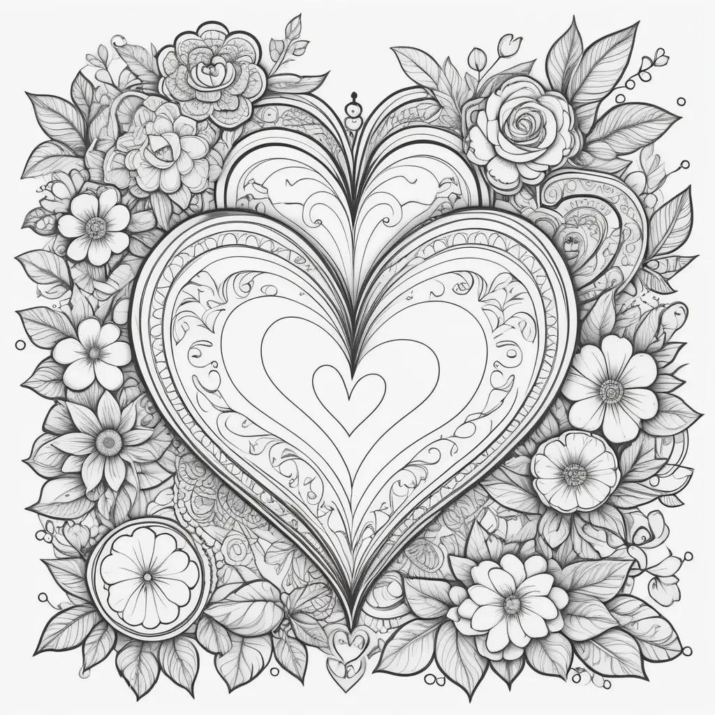 Heart-shaped Valentines Day coloring pages with flowers