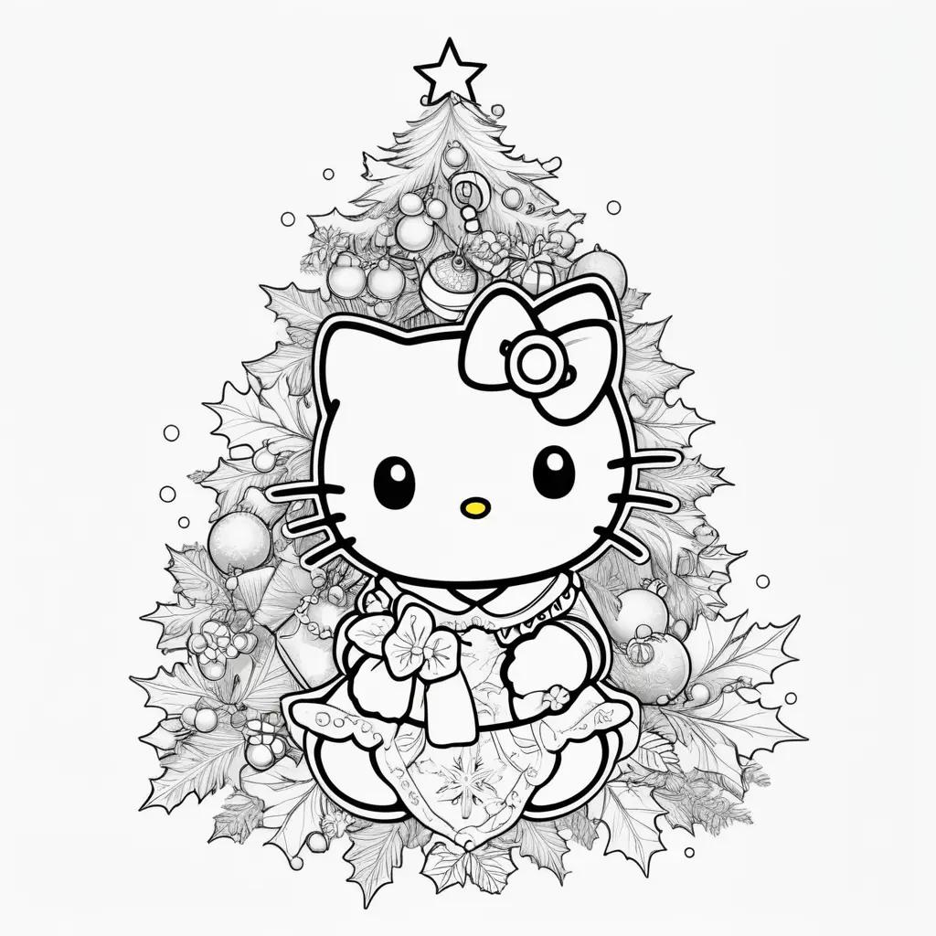 Hello Kitty Christmas coloring page with Christmas tree and leaves