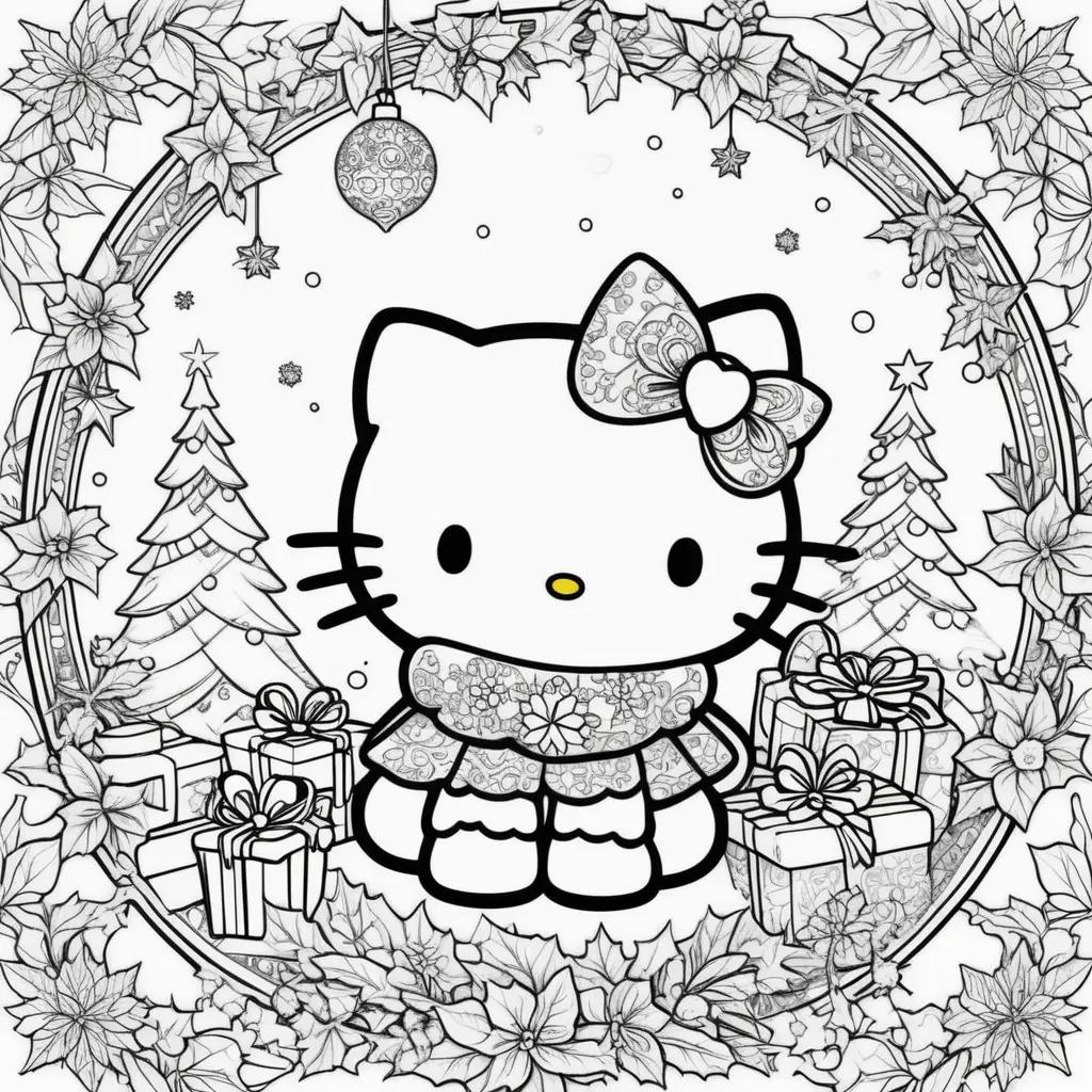 Hello Kitty Christmas coloring page with gifts and trees