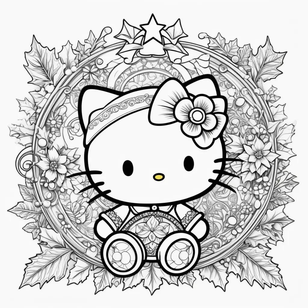 Hello Kitty Christmas coloring page with leaves and flowers