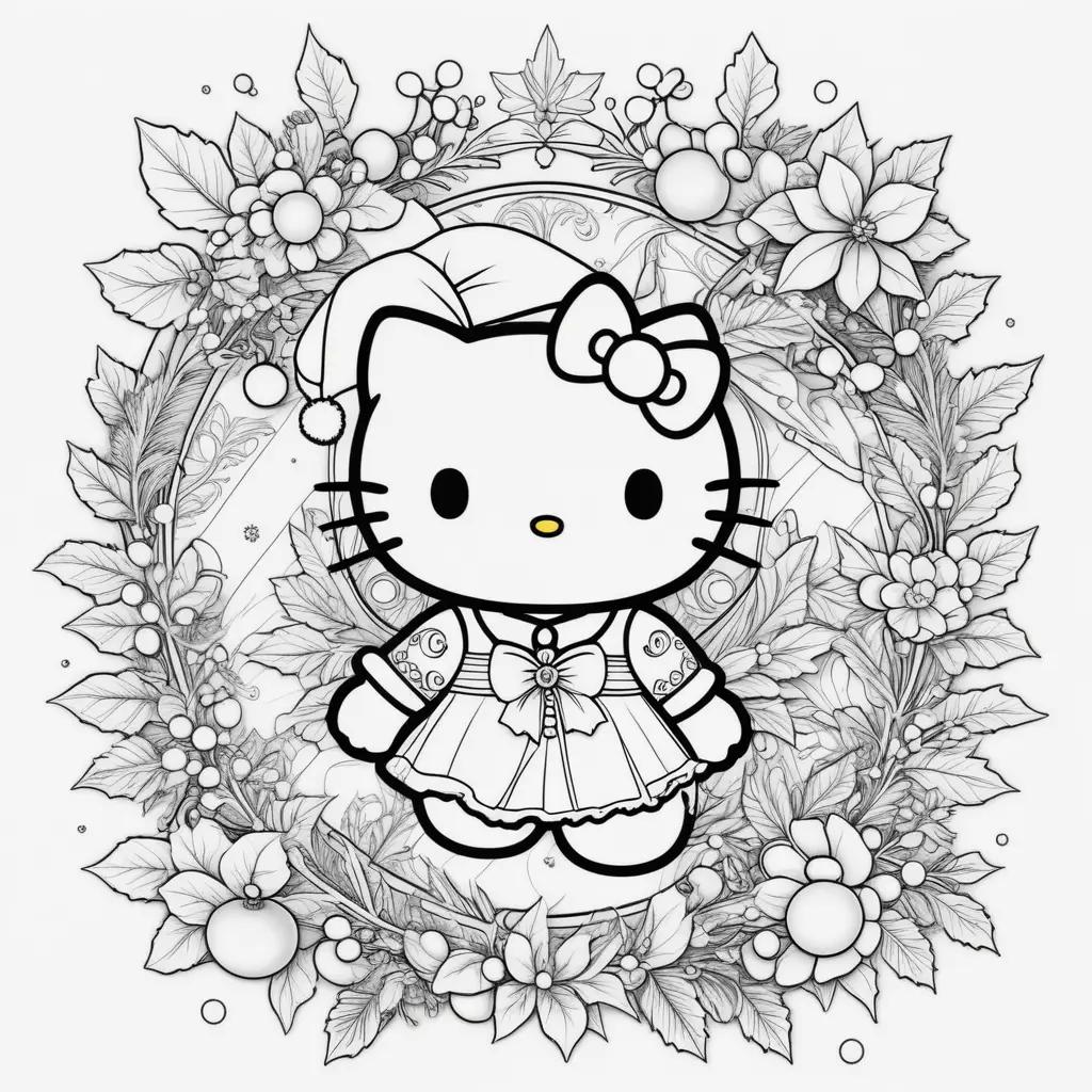 Hello Kitty Christmas coloring page with wreath and flowers