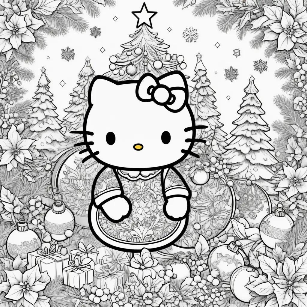 Hello Kitty Christmas coloring pages featuring a bow, presents, and a star