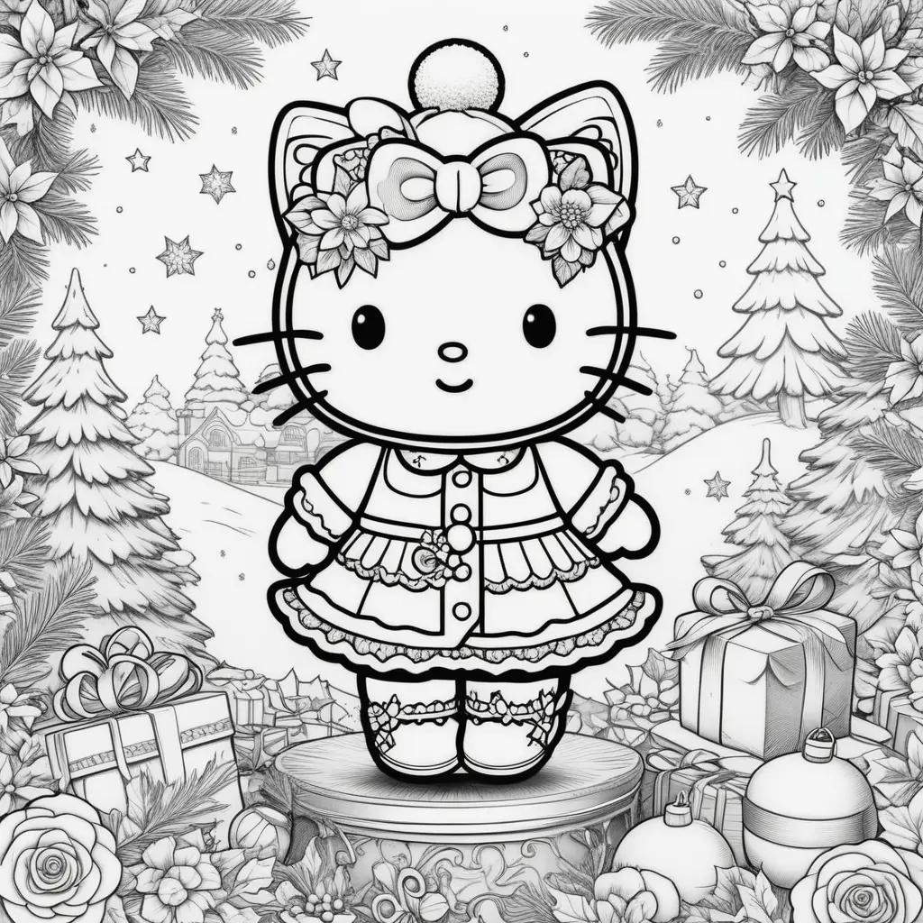 Hello Kitty Christmas coloring pages featuring a cute girl and a variety of gifts