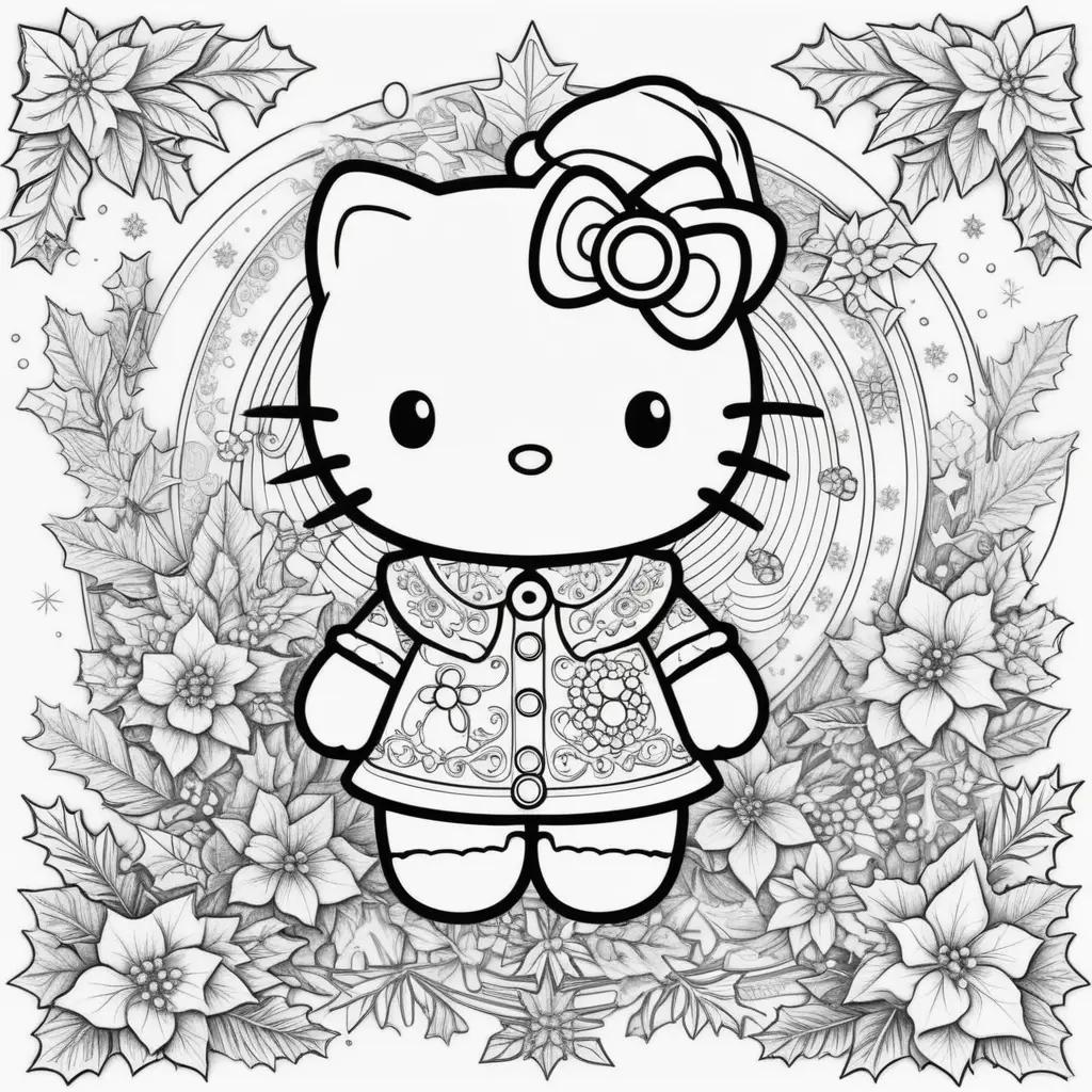 Hello Kitty Christmas coloring pages featuring poinsettias and stars