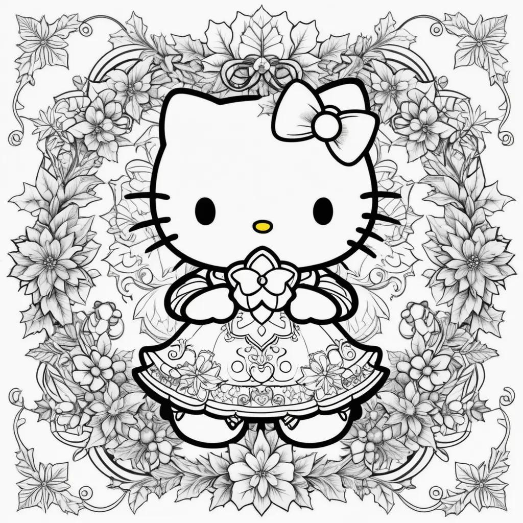 Hello Kitty Christmas coloring pages featuring the Christmas tree and Santa Claus