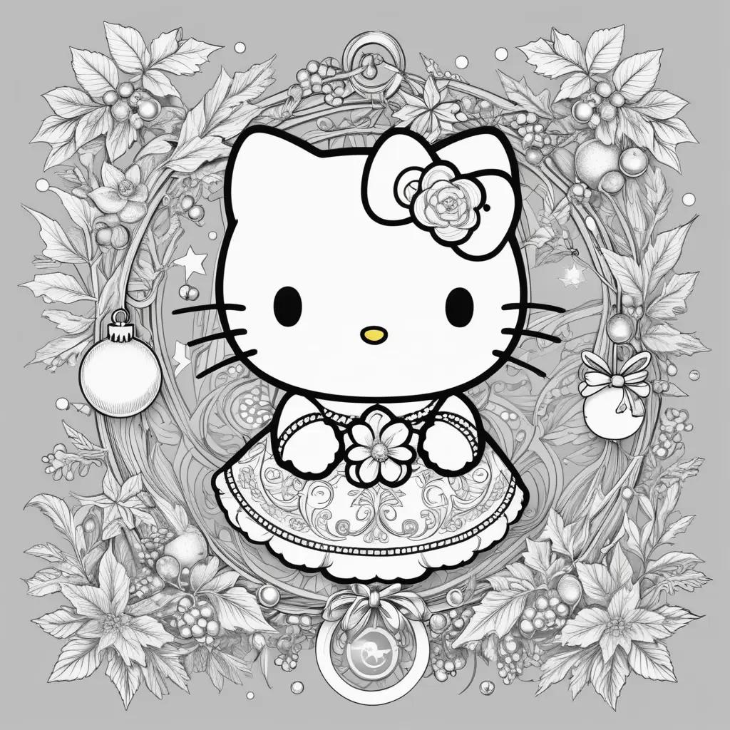 Hello Kitty Christmas coloring pages featuring wreath and wreath