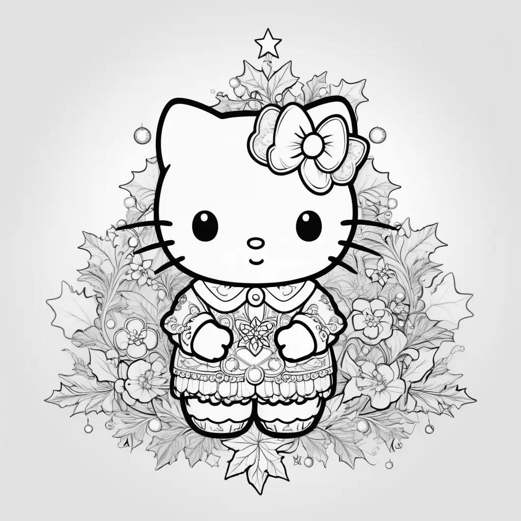 Hello Kitty Christmas coloring pages with Christmas tree and flowers