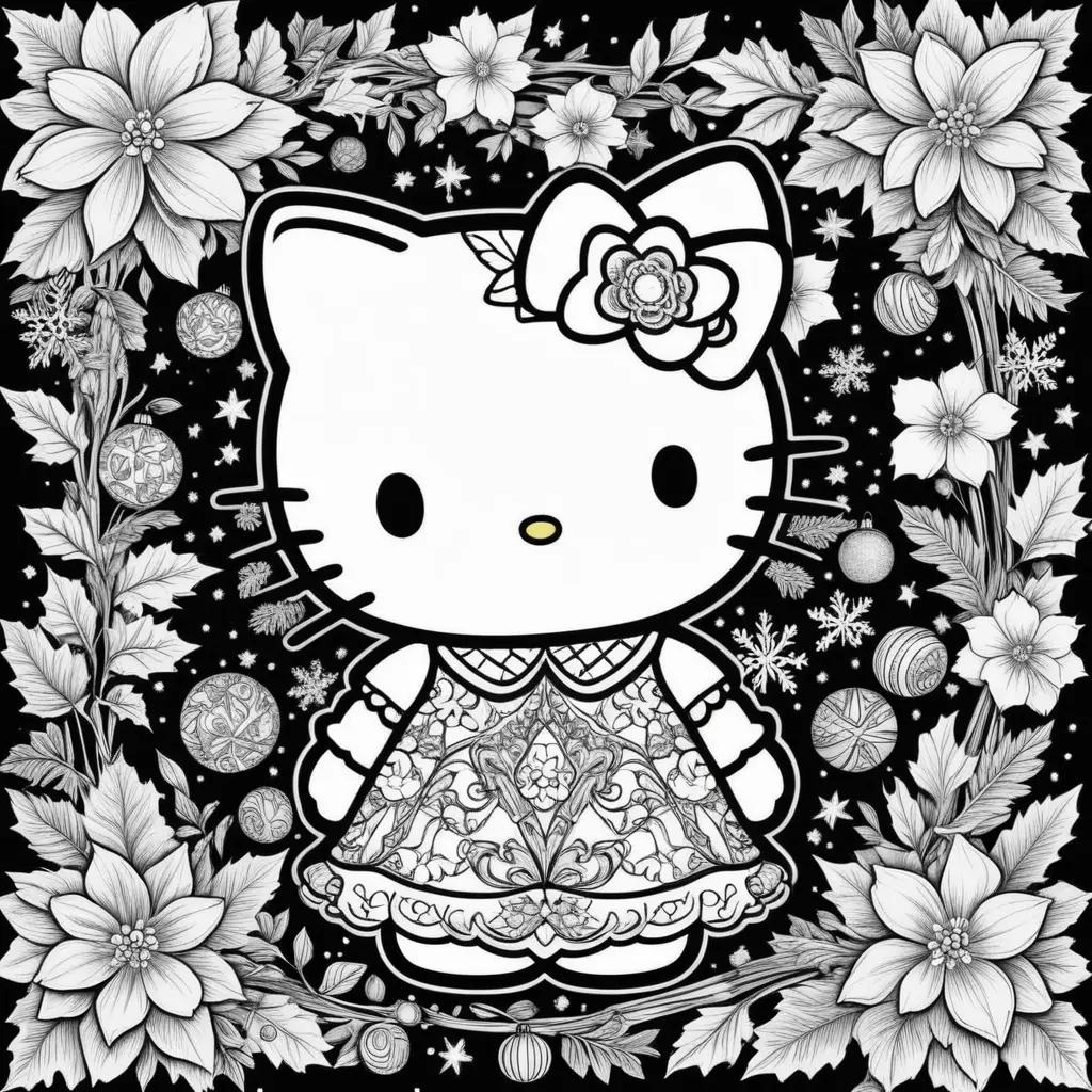 Hello Kitty Christmas coloring pages with flowers and ornaments