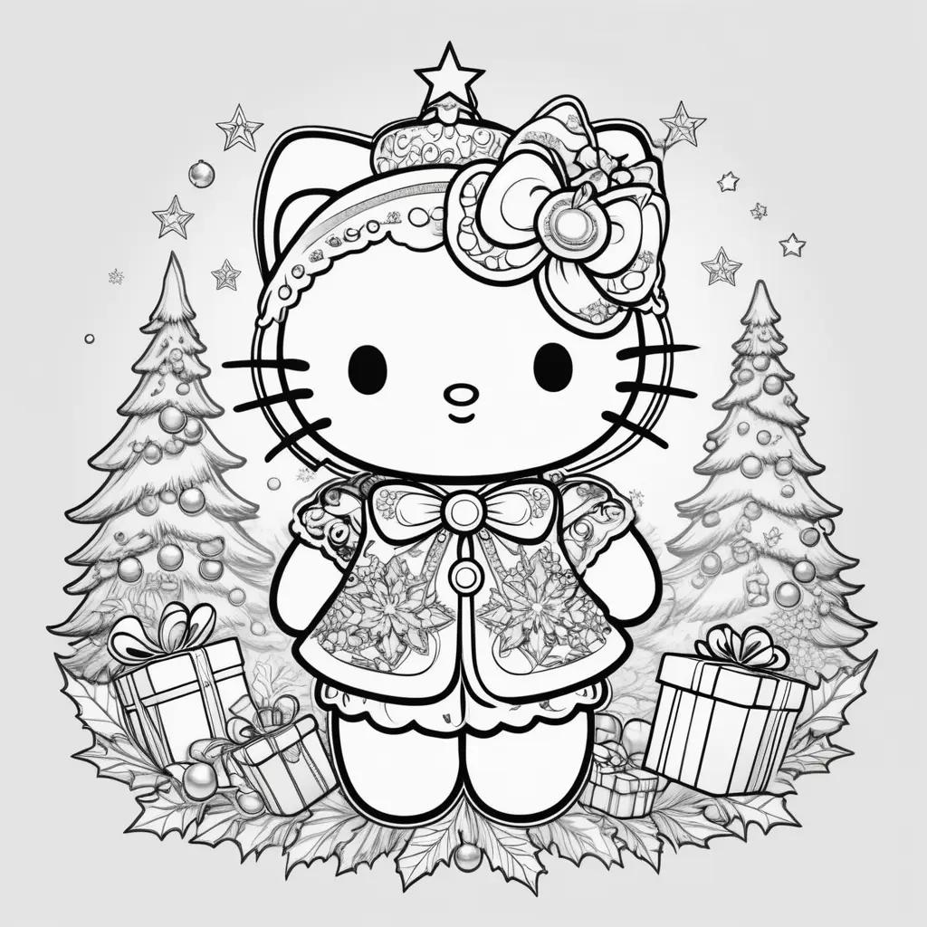 Hello Kitty Christmas coloring pages with gifts and trees