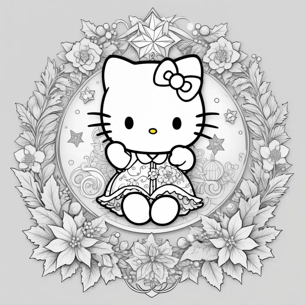 Hello Kitty Christmas coloring pages with poinsettias and stars