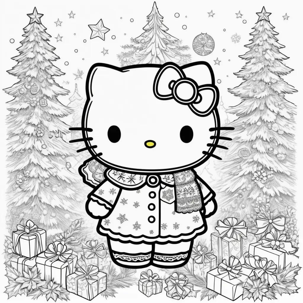 Hello Kitty Christmas coloring pages with trees and presents