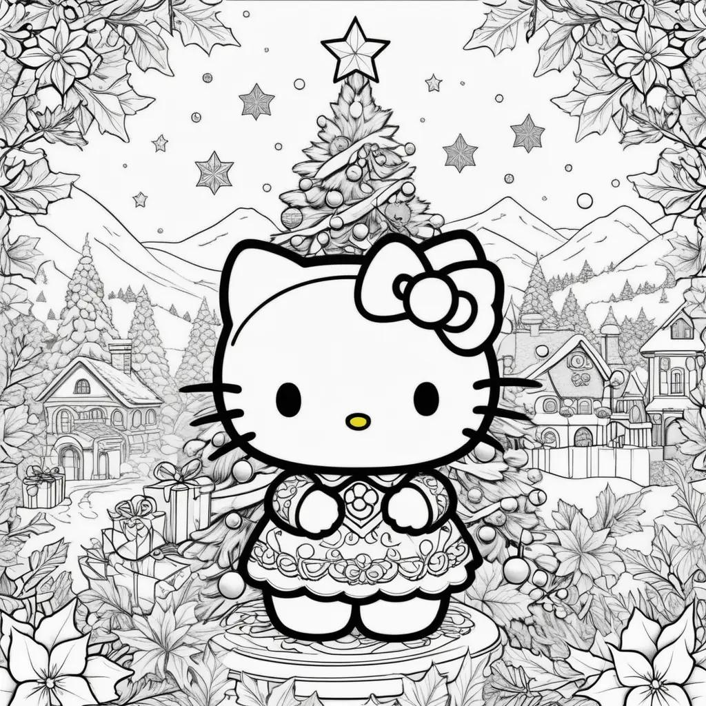 Hello Kitty Christmas coloring pages with trees and stars