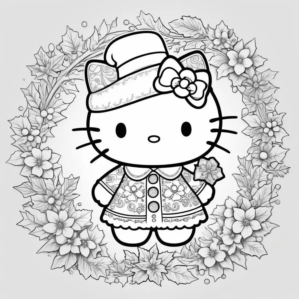 Hello Kitty Christmas coloring pages with wreath and flowers