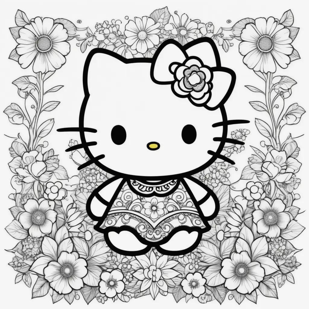 Hello Kitty Coloring Page: A Cute Cat with Flowers