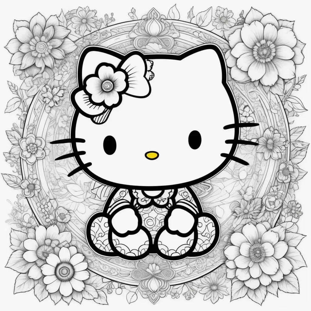 Hello Kitty Coloring Page with Flowers