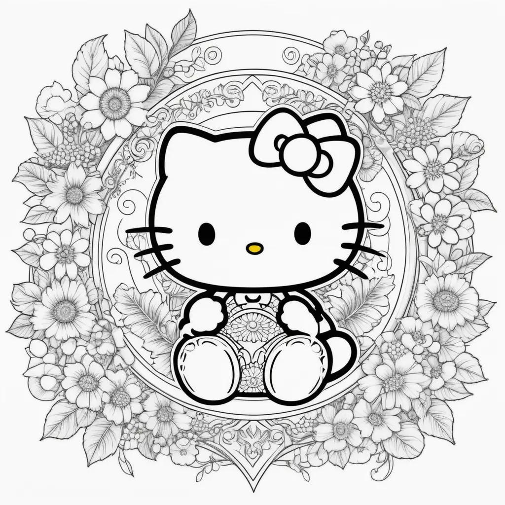 Hello Kitty Coloring Page with a Flower Ring Around It