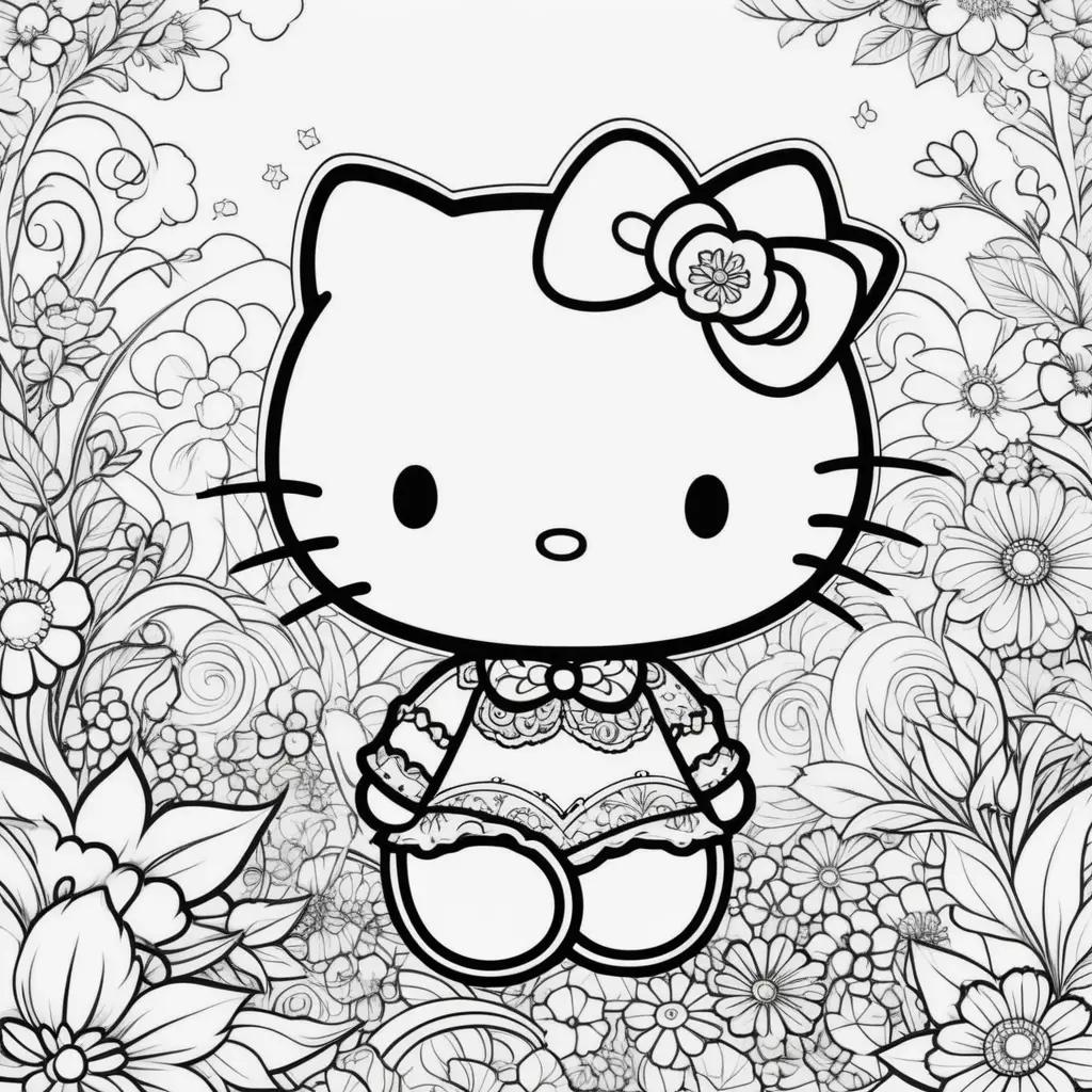 Hello Kitty Coloring Pages Print, Black and White, Flower, Clipart