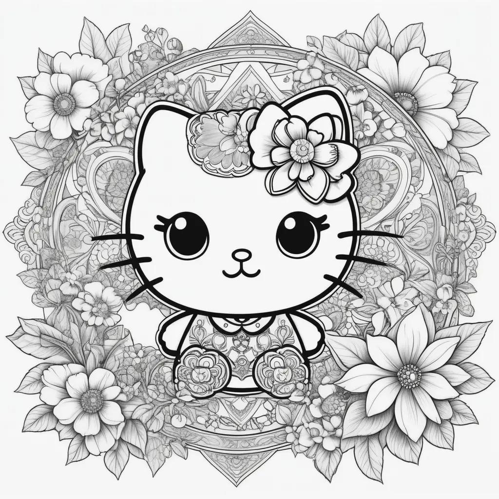 Hello Kitty Coloring Pages Show Cute Cat with Flowers