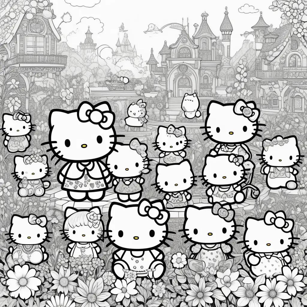 Hello Kitty Coloring Pages Showing Friends and Houses