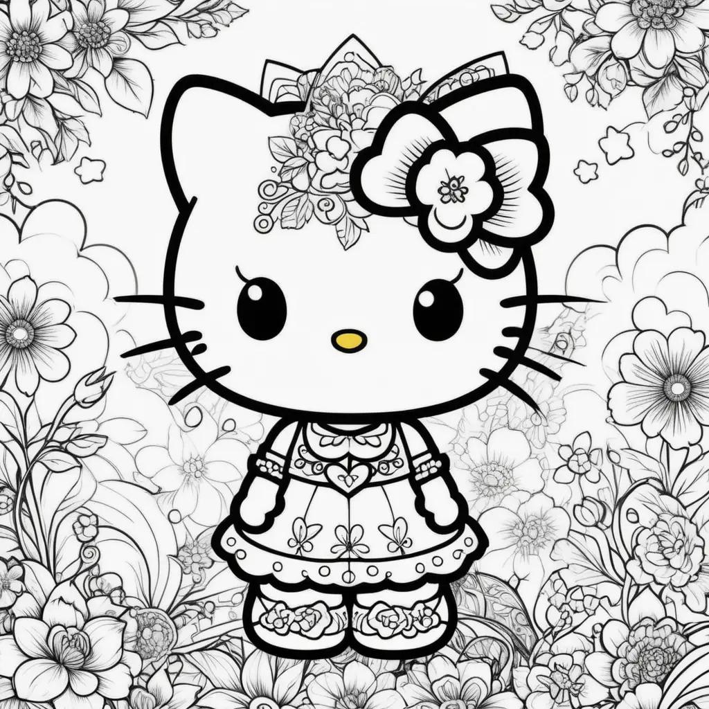 Hello Kitty Coloring Pages with Flower Background