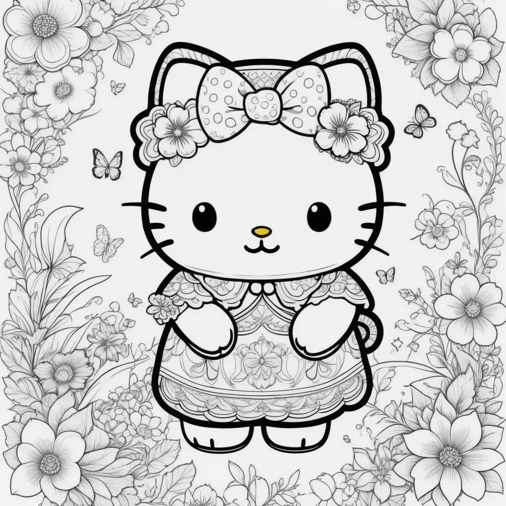 Hello Kitty Coloring Pages with Flowers and Buttons