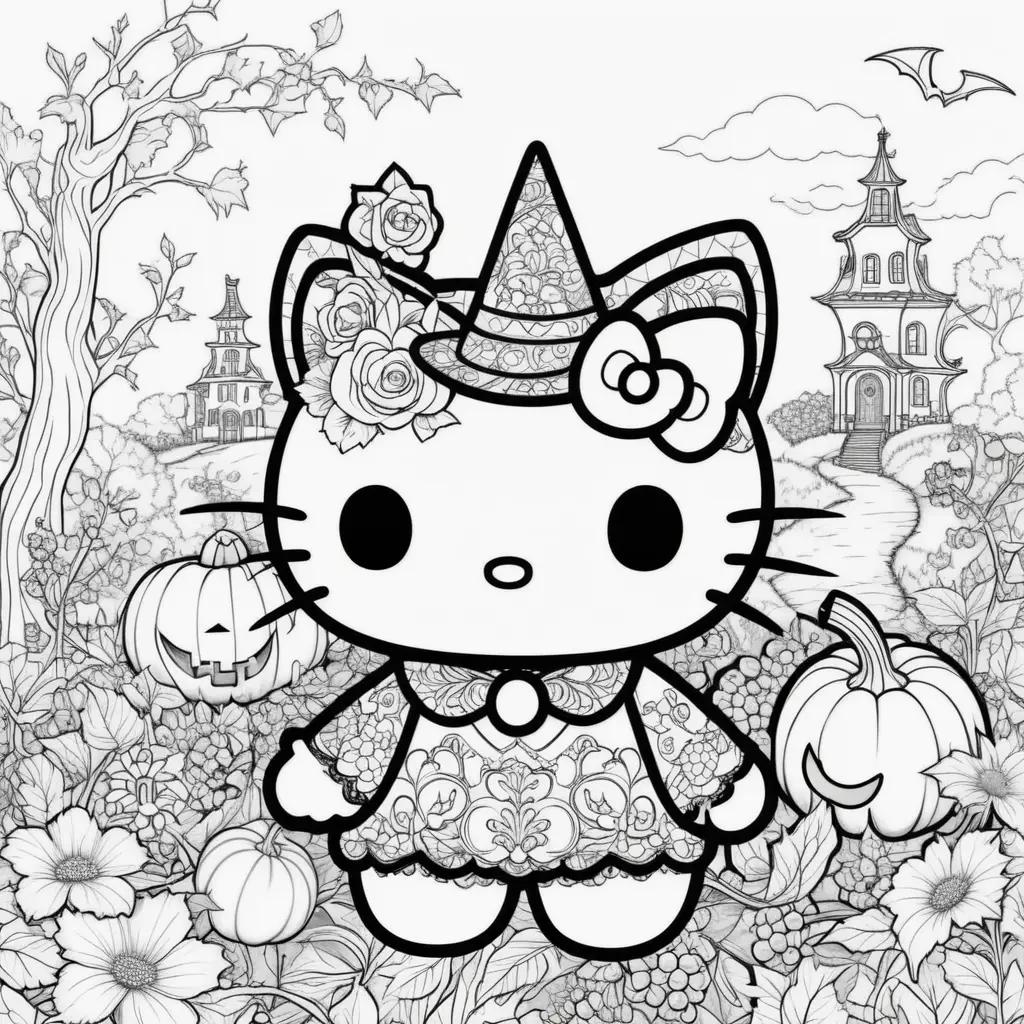 Hello Kitty Halloween Coloring Page: A Witch, Pumpkin, and House