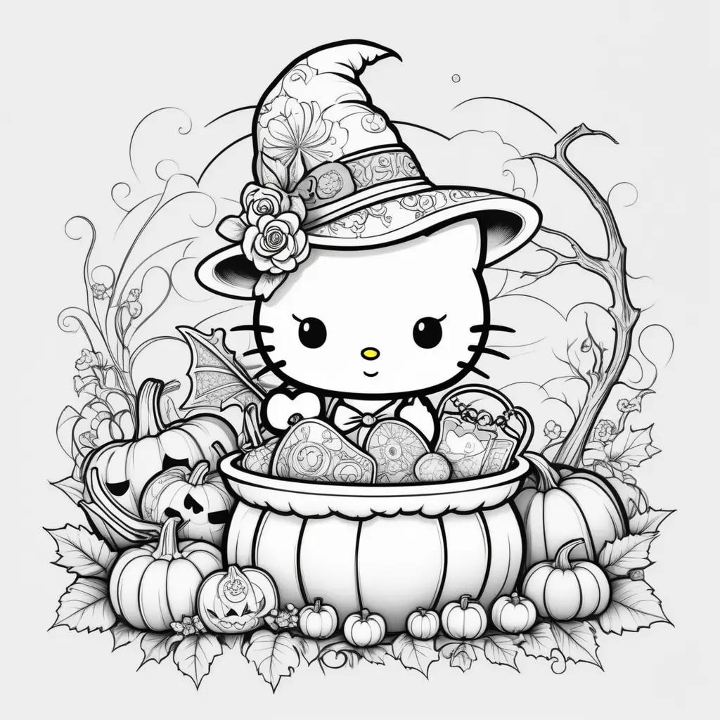 Hello Kitty Halloween Coloring Page with Witch